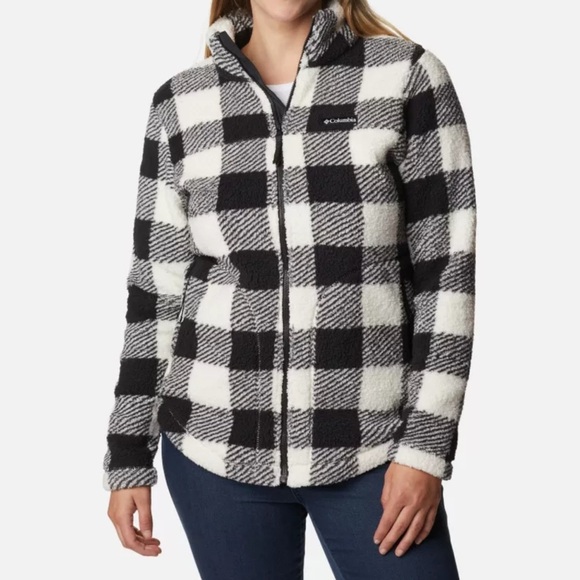 Columbia West Bend Sherpa Fleece Jacket Black White Check Size Small Full Zip - Picture 1 of 9